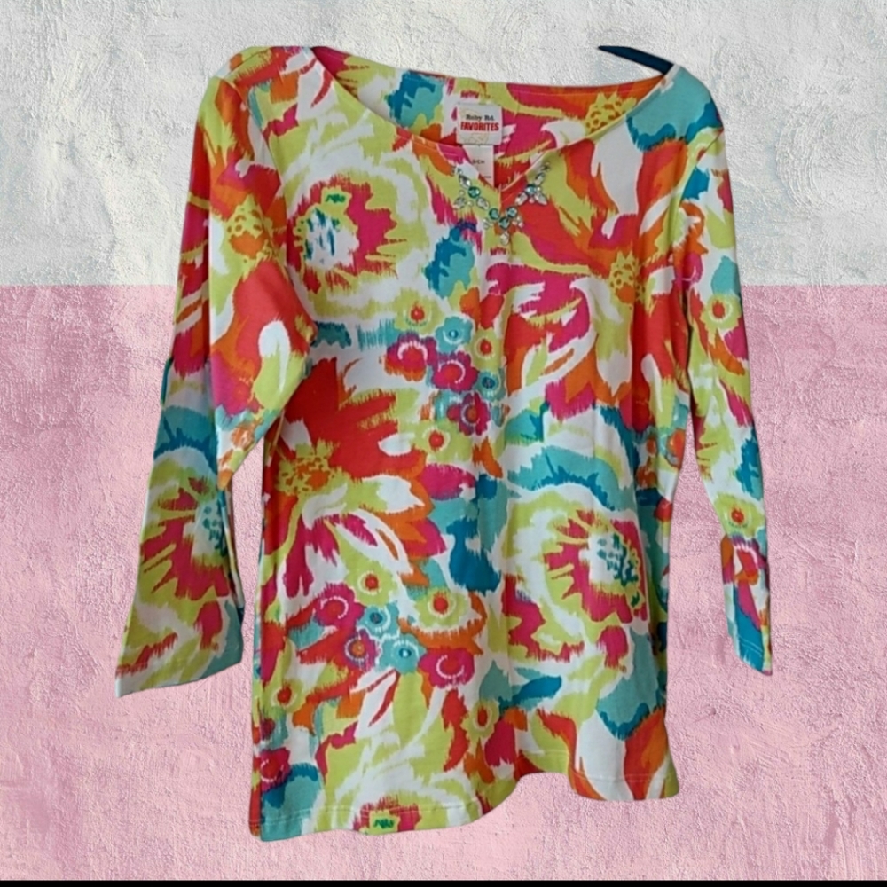 NWT Ruby Road Essentials Floral Top, S, Stretch Cotton, Colorful, Boatneck